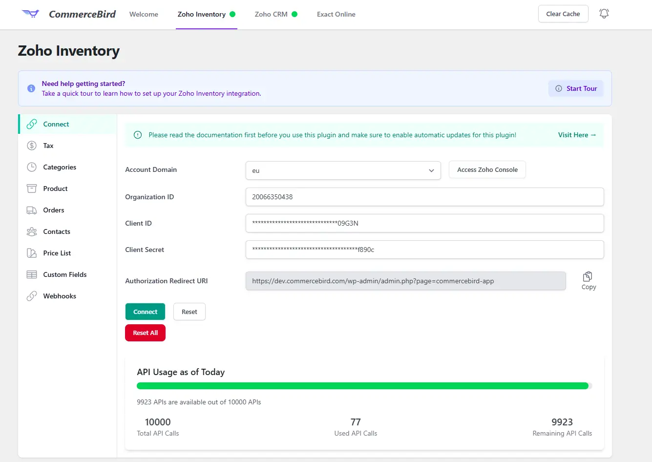 Connect tab - Zoho Inventory WooCommerce